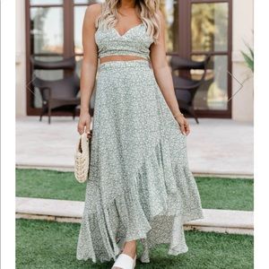 Beloved heart sage floral two piece set cropped tank and wrap skirt